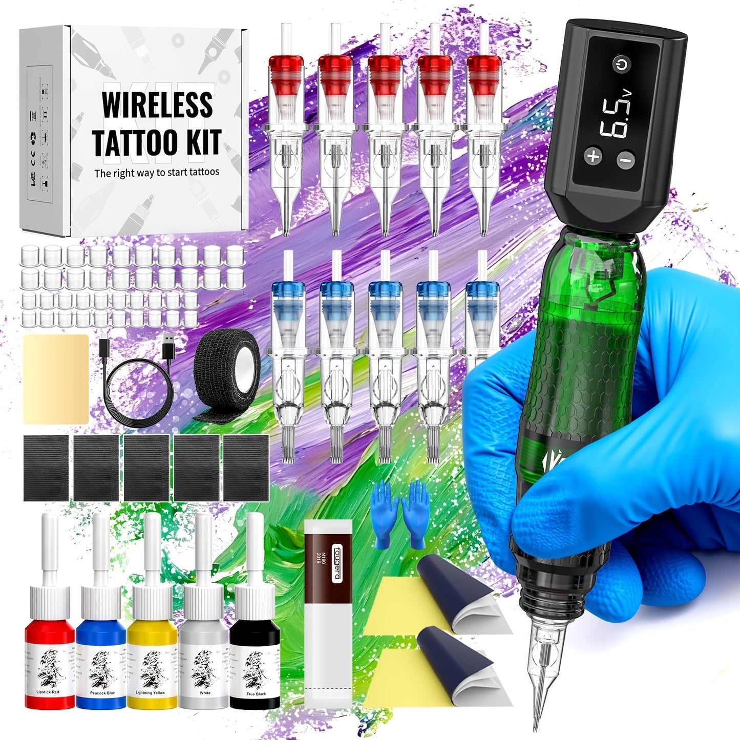 Tattoo Machine Kit VOID Wireless Pen with 1200mAh Battery, 4-12V Adjustment, 10 Cartridges and 5 Ink Shades