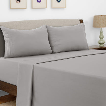 Bed Sheet Set Microfiber with Size-Dependent 3- or 4-Piece Contents and Six Documented Bed Dimensions