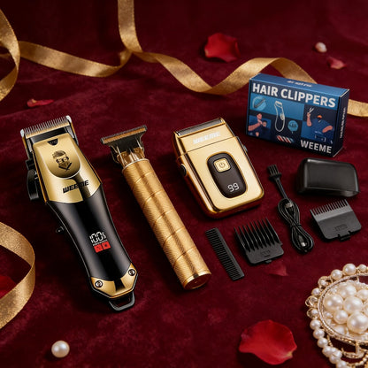 Professional Hair Clipper Set for Men – 3pcs Golden Cordless Kit with Beard Trimmer & T-Blade Trimmer, Hair Cutting & Styling Tools, Ideal Birthday & Father’s Day Gift for Men