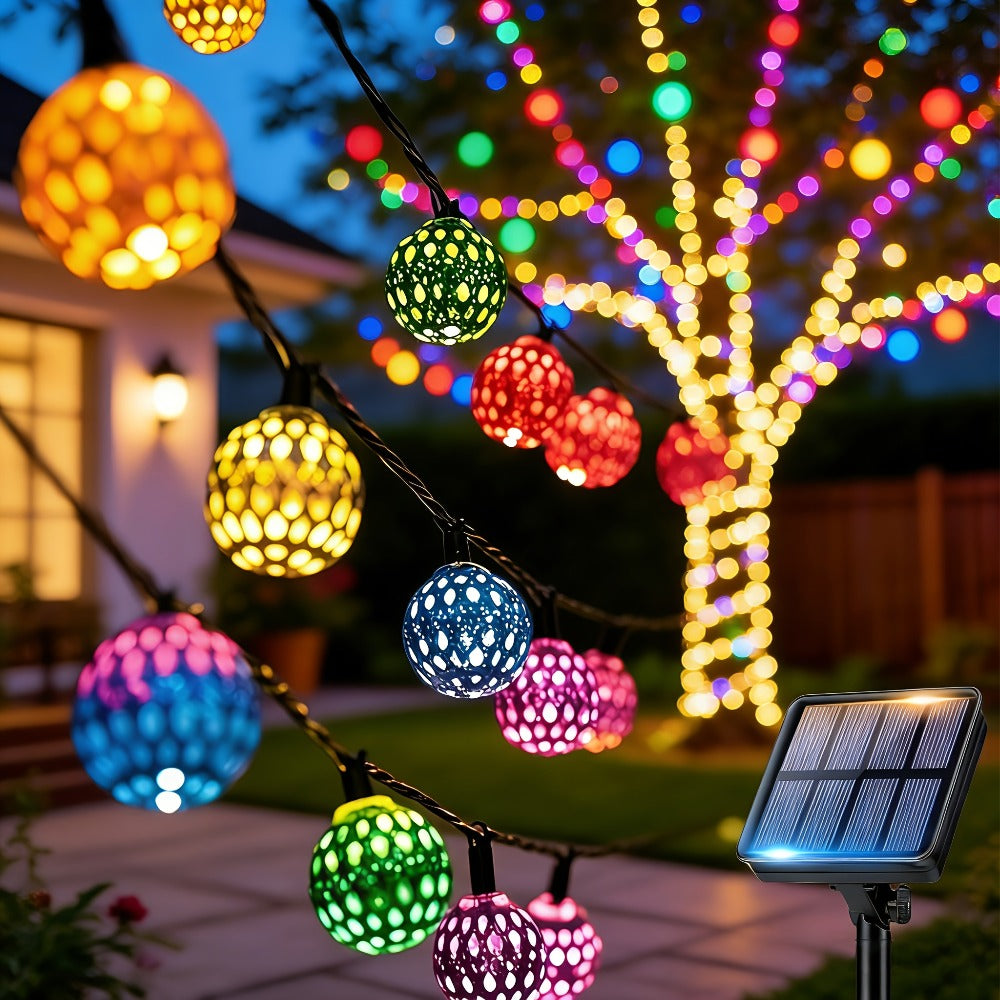 Moroccan Solar String Lights Outdoor - Metal Sphere Fairy Lights with 20/30/50 LED Beads, 8 Modes, IPX65 Waterproof | Boho Garden Lights for Patio, Lawn, Wedding, Christmas Tree & Party Decoration
