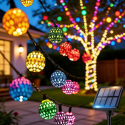 Moroccan Solar String Lights Outdoor - Metal Sphere Fairy Lights with 20/30/50 LED Beads, 8 Modes, IPX65 Waterproof | Boho Garden Lights for Patio, Lawn, Wedding, Christmas Tree & Party Decoration