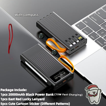 Power Bank 10000-30000mAh with 15W Charging, Four-in-One Cable and Four-Mode Camping Light