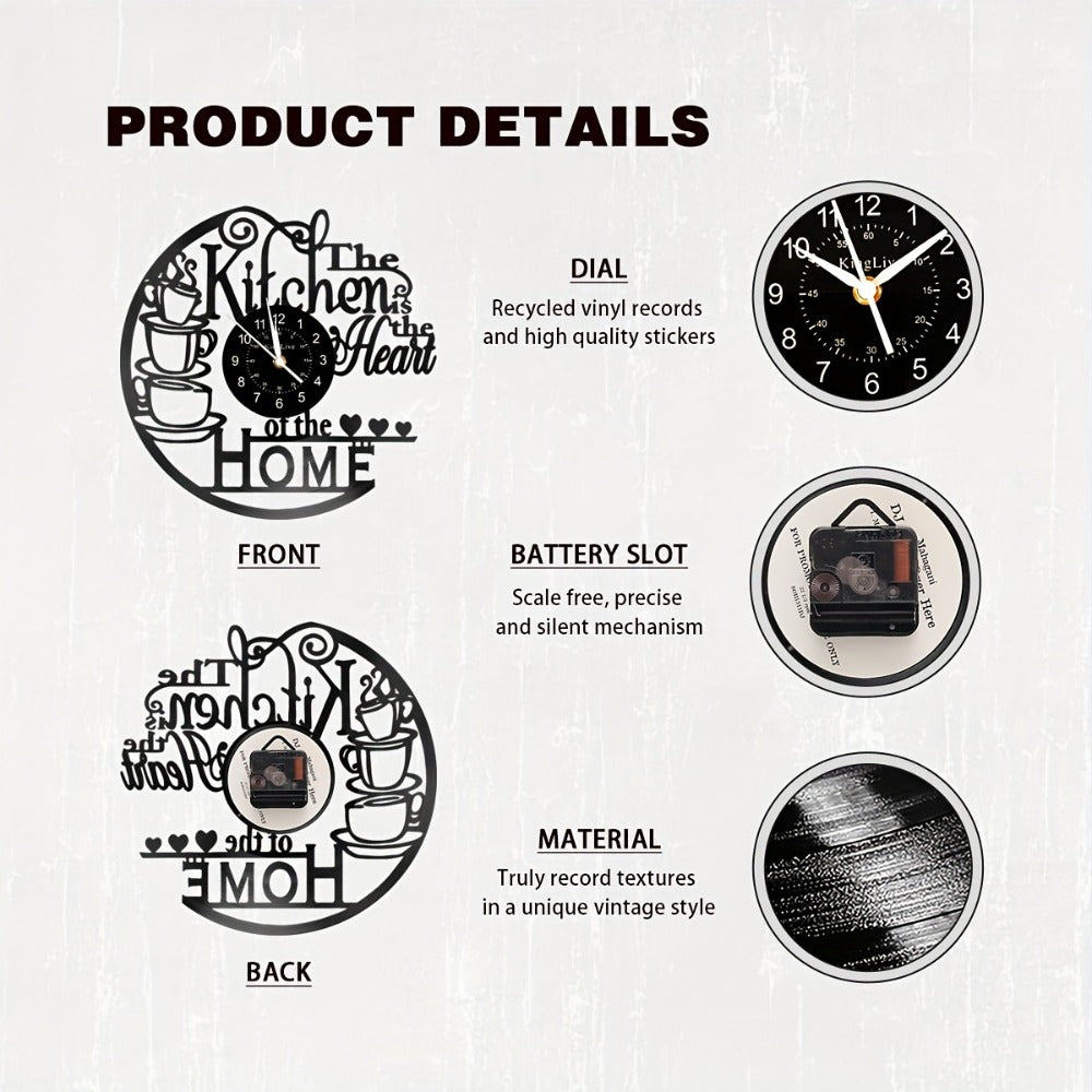 Coffee-Themed Vinyl Record Wall Clock with Cutout Lettering and Standard or LED Light Configuration