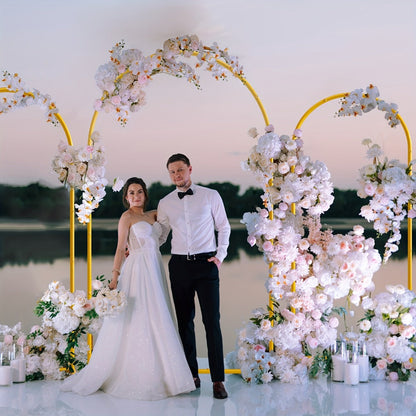 Three-Piece Gold Metal Arch Backdrop Set with 7.2FT, 6.6FT and 6FT Frames plus Seven Balloon Clips