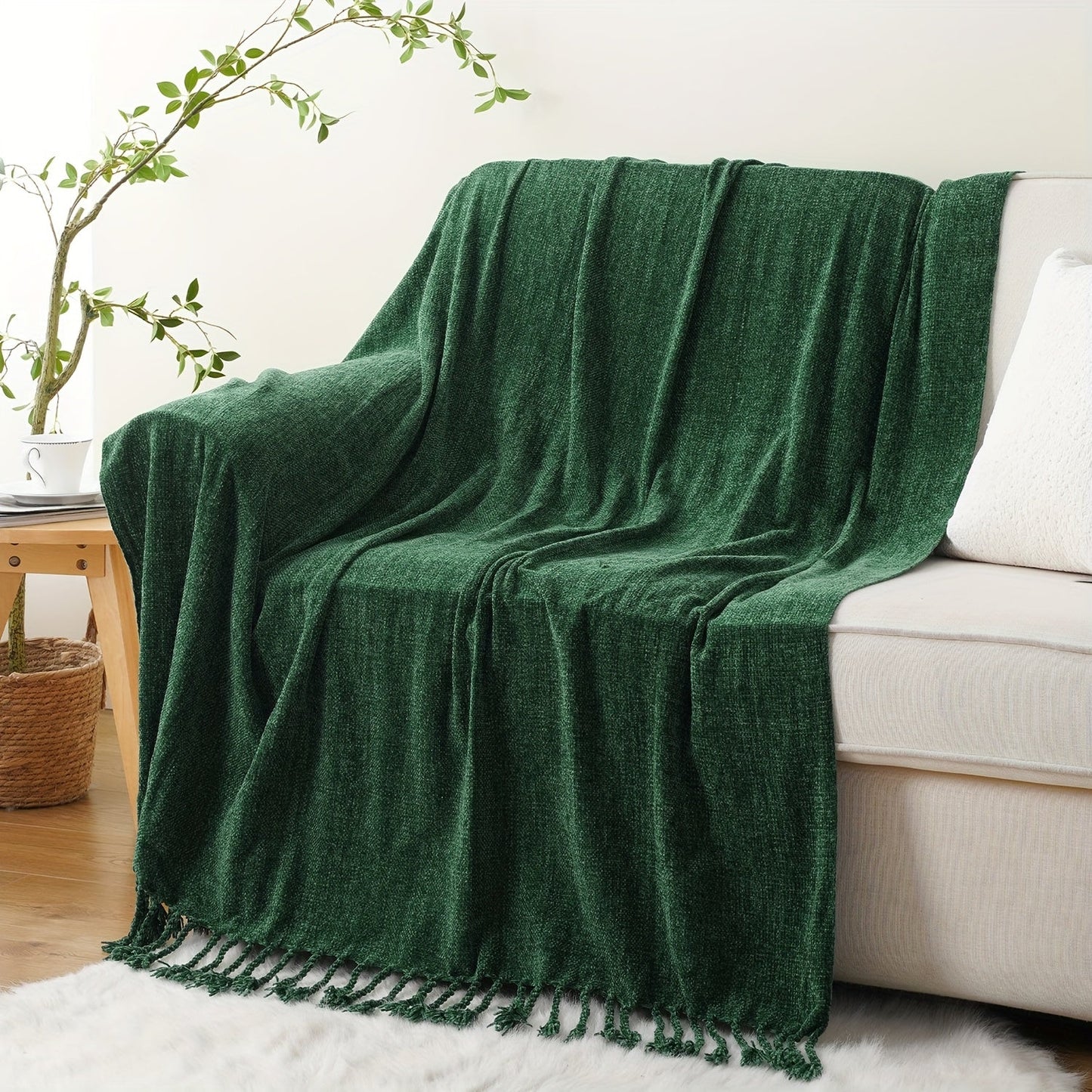 Chenille Fringe Throw Blanket – 180-200gsm Velvety Soft Decorative Throw for Sofa & Couch, Home Decor, 50”×60”, 17 Colors