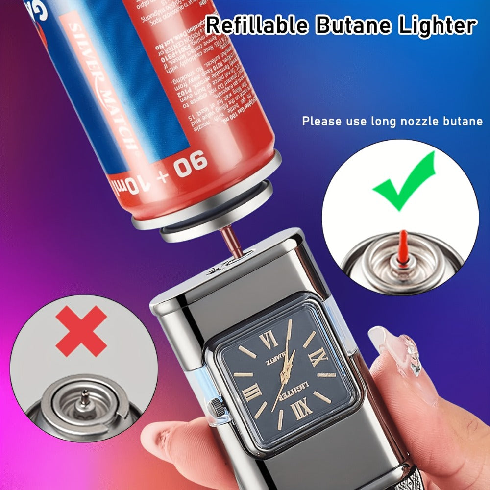 Quartz-Dial Torch Lighter with Rectangular Black Body and Three Sculpted Top Style Options