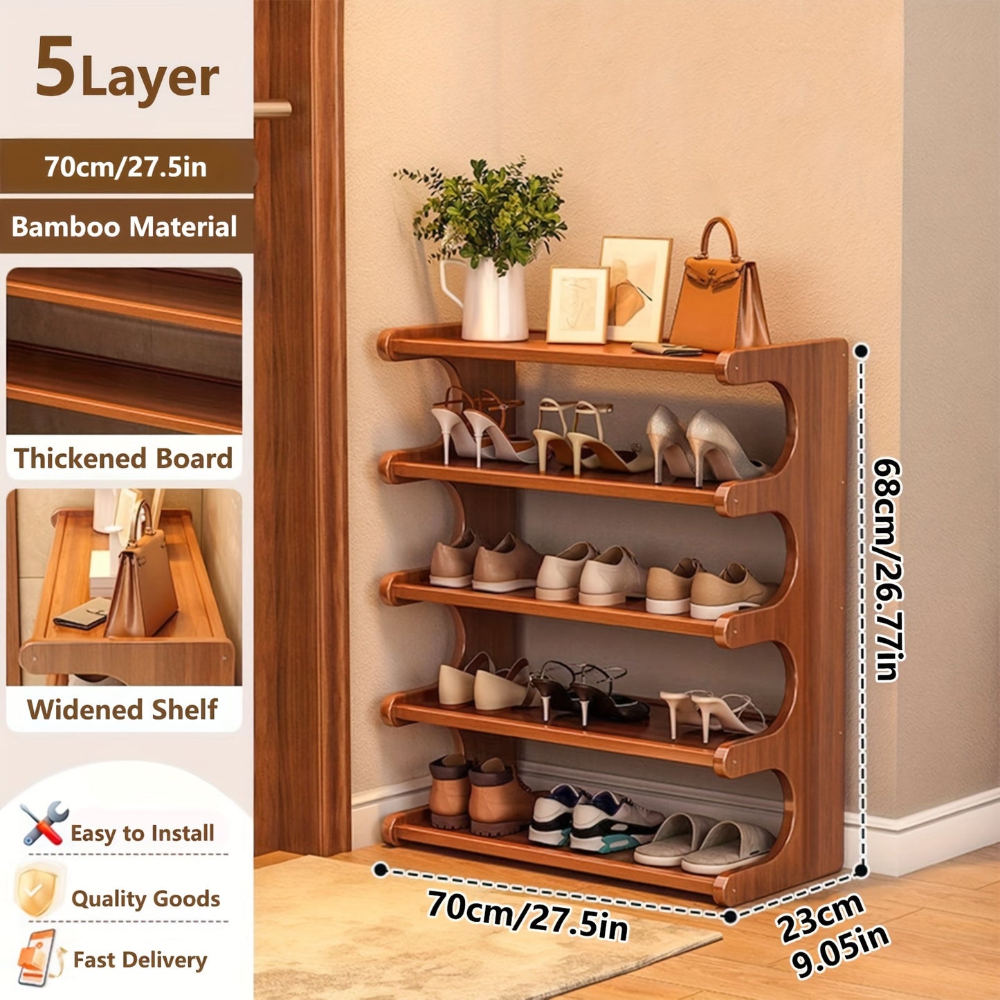 Bamboo Shoe Rack 3/5/6 Layer Freestanding Storage Organizer for Entryway, Dorm & Closet – Space-Saving Multi-Tier Shoe Shelf, Easy Assembly, Brown