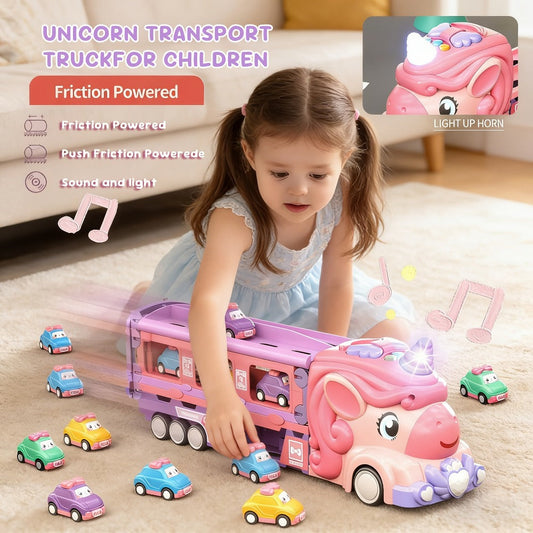 Pink Unicorn Monster Truck Track Set with 8 Princess Cars, Lights & Sounds – Friction Power 2-Player Fold-Out Track Toy for Girls Boys Ages 3+, Birthday Holiday Gift