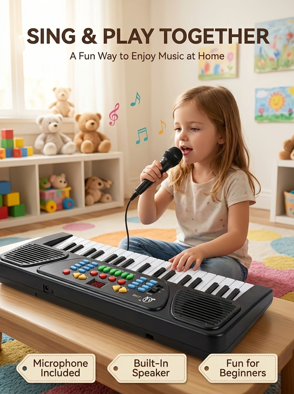 Kids Electronic Keyboard with Microphone, Black, Music Learning Toy for Boys & Girls, Sing-Along Piano Instrument, Educational Birthday Christmas Gift for Children Ages 3+