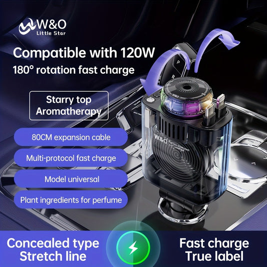 3-in-1 Car Charger, Air Freshener & Starry Sky Ceiling Light – Retractable Type-C & Lightning Cable, Aromatherapy Perfume, Purple Ambient Light, for iPhone & Android