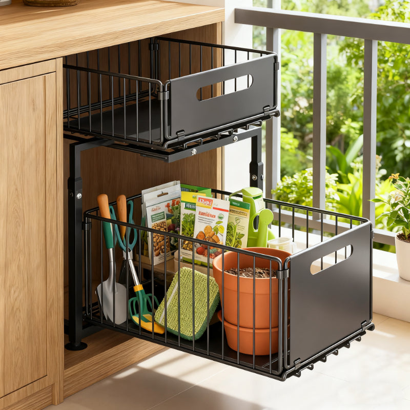 Two-Tier Under-Sink Cabinet Organizer with Sliding Metal Baskets in One- or Two-Piece Options