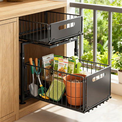 Two-Tier Under-Sink Cabinet Organizer with Sliding Metal Baskets in One- or Two-Piece Options