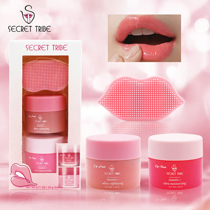 Three-Piece Lip Care Set with Lip Mask, Balm, Scrub and Brush in Strawberry and Peach-Labeled Format