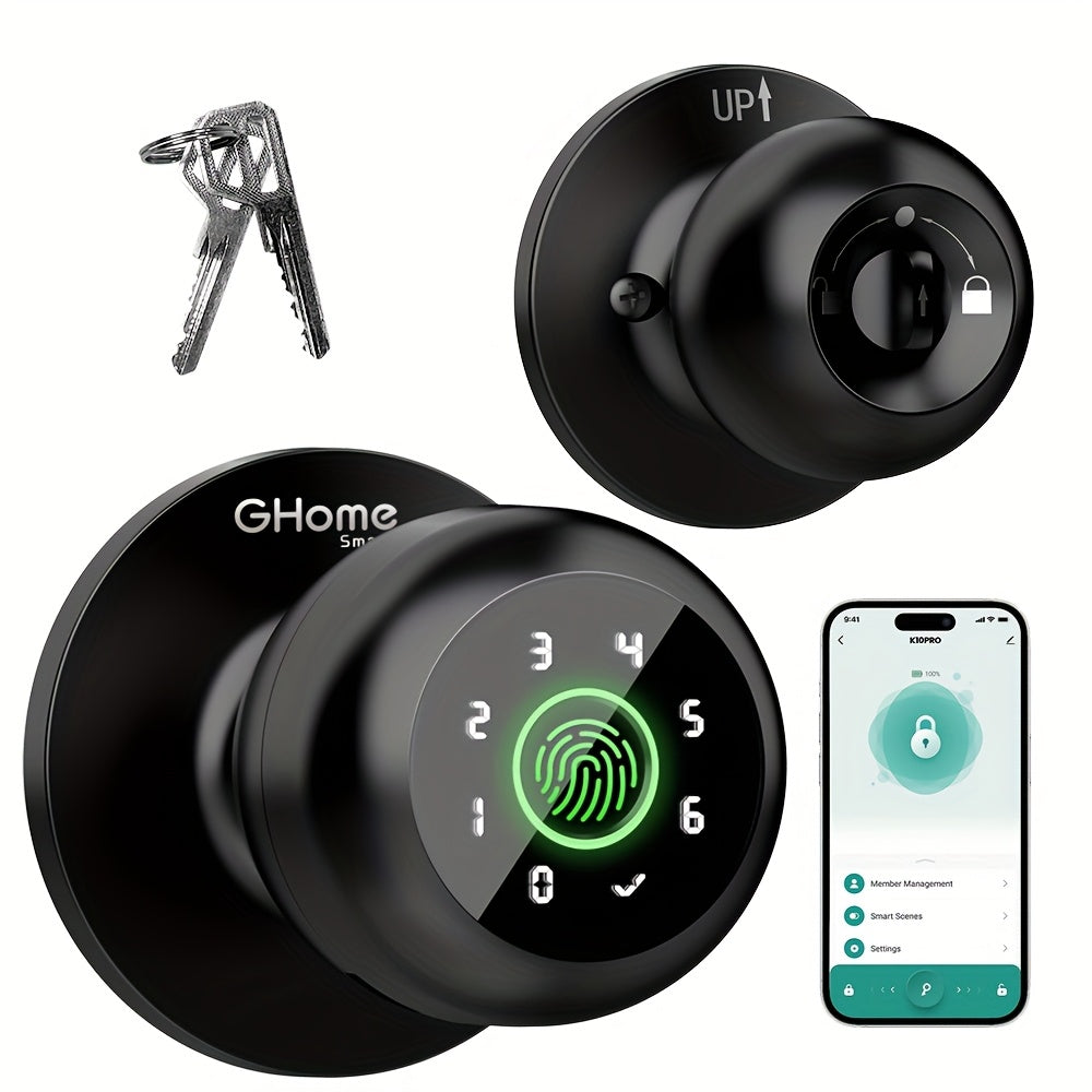 GHome Smart Lock Knob with Fingerprint & Keypad - USB-C Rechargeable, App-Controlled Keyless Entry, Auto-Lock, Passage & Privacy Mode, K10 / K10 PRO / K20 / KD03 PRO, for Home Bedroom Office