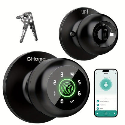GHome Smart Lock Knob with Fingerprint & Keypad - USB-C Rechargeable, App-Controlled Keyless Entry, Auto-Lock, Passage & Privacy Mode, K10 / K10 PRO / K20 / KD03 PRO, for Home Bedroom Office