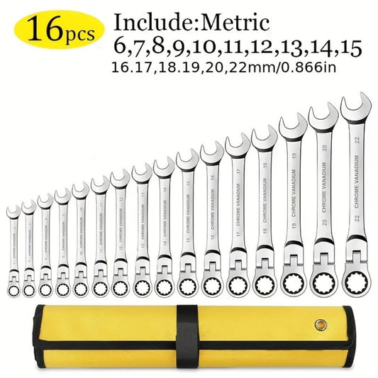 Ratcheting Wrench Set 16pcs Flex Head 180°, Metric 6-22mm CR-V Steel Combination Wrench Kit with 72-Tooth Ratchet & Organizer Bag, Professional Flex Head Ratchet Wrench for Auto & Home Repair