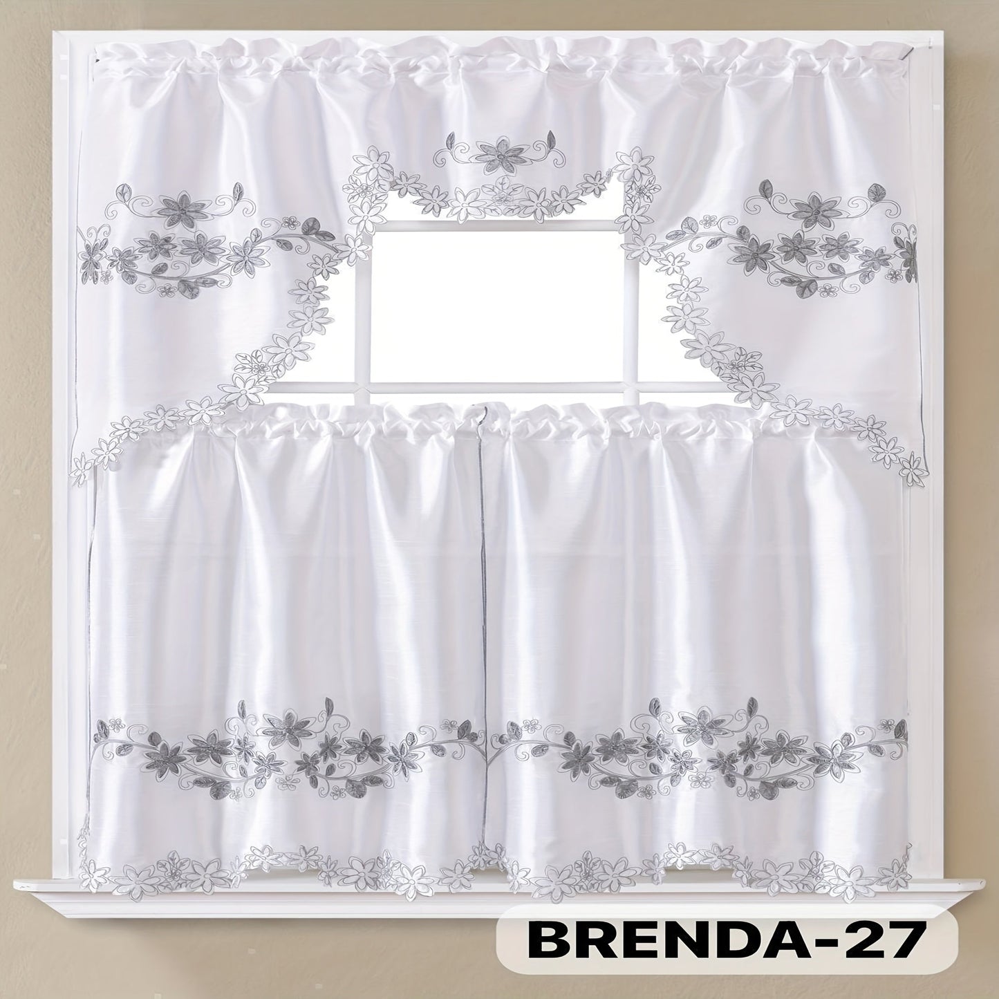 Three-Piece Patterned Kitchen Curtain Set with One Valance, Two Tiers and Forty-Six Exact Design Options