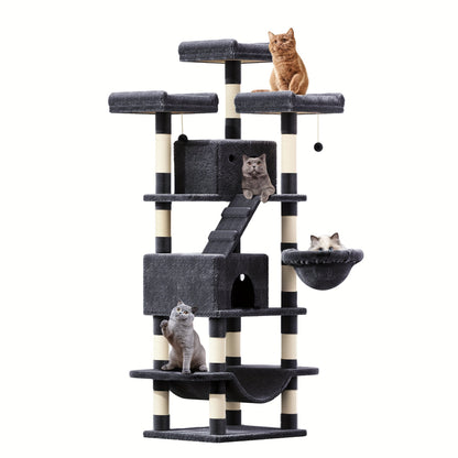 Large Multi-Level Cat Tree Tower – 68–81 Inch Tall Cat Condo with 2 Condos, 3 Plush Perches, Scratching Posts & Cat Hair Brush
