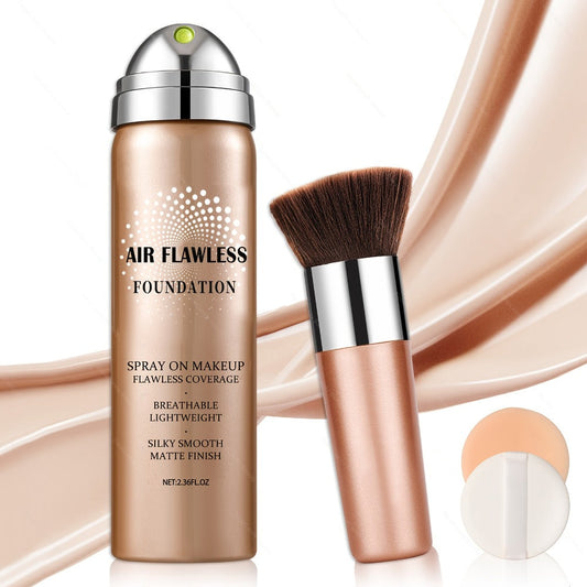 Full Coverage Liquid Foundation Airspray Kit Buildable Formula 6 Shades - Natural Beige Nude Porcelain Tan Medium Long-Lasting Natural Satin Finish, Daily Party Makeup with Puff Applicator for Women