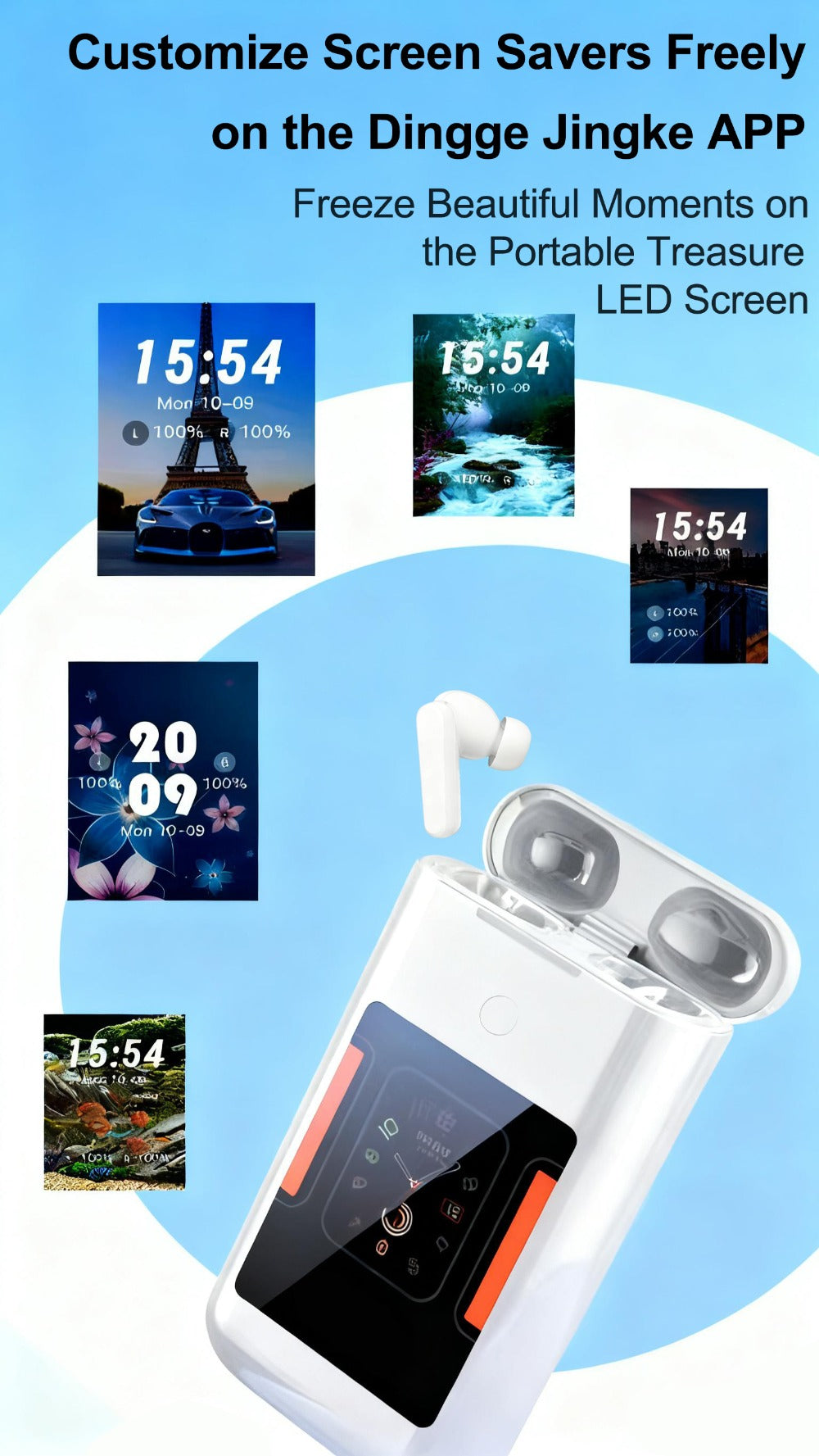5000mAh Battery Wireless Earphones 3-in-1 HiFi Stereo LED Touch Screen Multiple EQ for Bedside Audio, Alarms and Room Entertainment