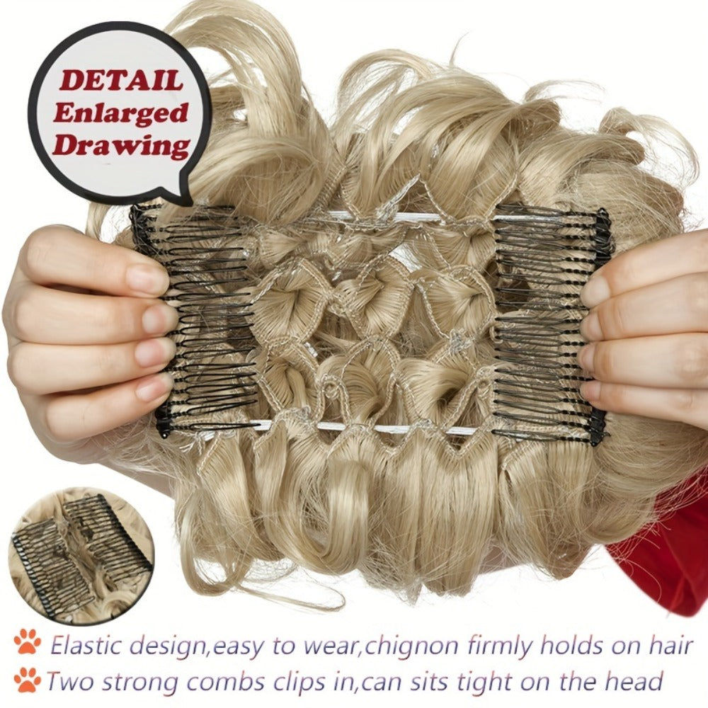 Six-Inch Curly Clip-In Hair Bun Extension with Comb and Scrunchie in Four Blended Color Options