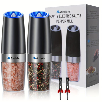Electric Salt and Pepper Grinder Set 2-Pack Gravity Sensing – Battery Powered LED Light One-Hand Operation | Adjustable Coarseness Black Kitchen Gadget | Perfect Birthday Gift for Home Cooks