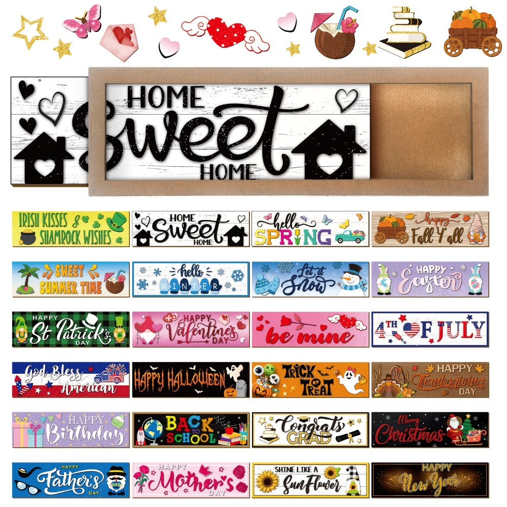 Twenty-Five-Piece Interchangeable Seasonal Welcome Sign Set with Wood Frame and Holiday Message Inserts