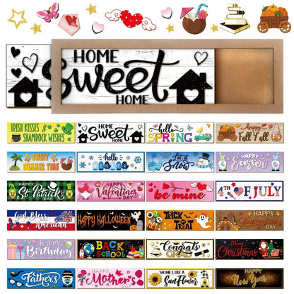 Twenty-Five-Piece Interchangeable Seasonal Welcome Sign Set with Wood Frame and Holiday Message Inserts