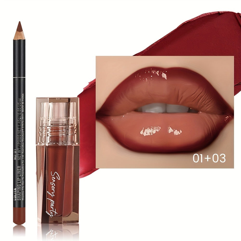 Lip Gloss Lip Liner Set Hydrating Water-Gloss Dewy Finish - 3D Precision Contour Matte Liner, for Makeup, Travel and Everyday Vanity Use