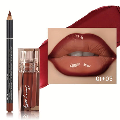 Lip Gloss Lip Liner Set Hydrating Water-Gloss Dewy Finish - 3D Precision Contour Matte Liner, for Makeup, Travel and Everyday Vanity Use