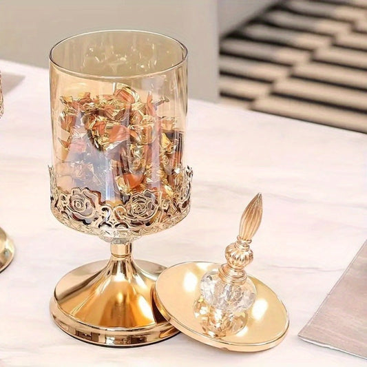 Vintage Glass Candy Jar with Lid – European Style Decorative Vase & Metal Art Storage Container for Living Room, Coffee Table & Desktop Decor