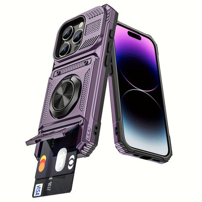 Phone Case Dual-Card Hard Shell Cover with 360° Metal Ring Kickstand for Select iPhone 7–17 Models
