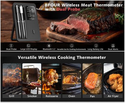 BFOUR BF-40 Wireless Cooking Thermometer with Dual Probes, App Display, Base Screen and USB Charging