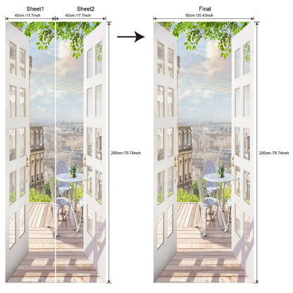 Balcony-View Door Mural Panel Set with Two 17.7-Inch Sheets and 35.43 x 78.74-Inch Final Scene