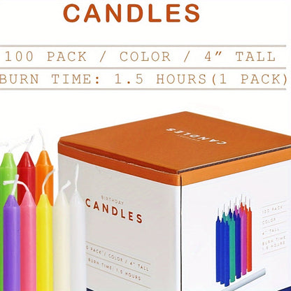 Assorted Color Soy Wax Taper Candle Set with 100 Compact 4-Inch Candles in Straight Form and Boxed Package
