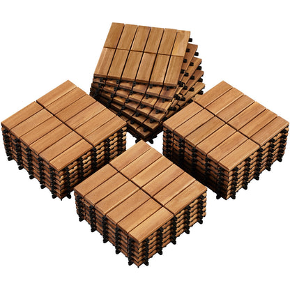 Acacia Wood Deck Tiles Interlocking Outdoor Flooring, Water-Resistant Non-Slip Patio Tiles, Easy Snap DIY Installation for Deck, Garden, Poolside, Balcony – 10pcs & 27pcs Sets Available