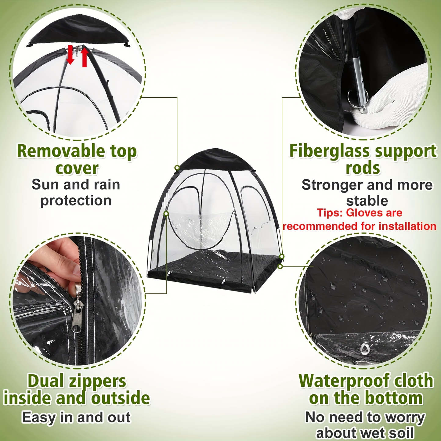 Camping Tent Transparent Oxford Rain Shelter with Ventilation Panels, Zipper Entry and Two Colors