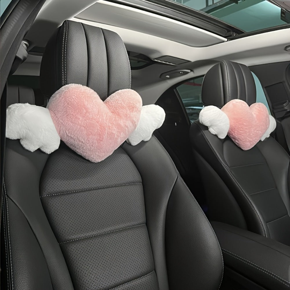 Car Headrest Neck Pillow Heart Shape with Angel Wings – Cute Plush Lumbar Cushion & Seat Back Pillow, Car Interior Decor Accessory, Gift for Women
