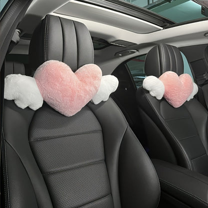 Car Headrest Neck Pillow Heart Shape with Angel Wings – Cute Plush Lumbar Cushion & Seat Back Pillow, Car Interior Decor Accessory, Gift for Women
