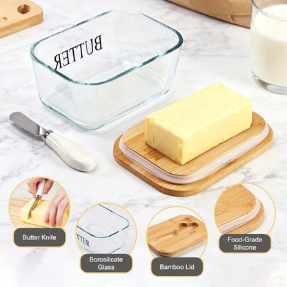 Transparent 1 lb Glass Butter Dish with Bamboo Lid, White-Handle Knife and Rectangular Food Container