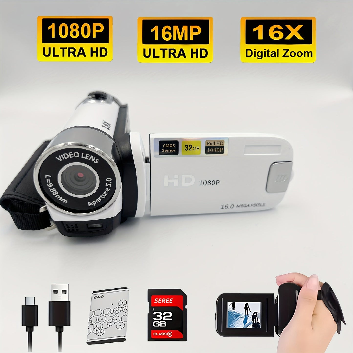270° Flip Screen Digital Camera 1080P Full HD – LED Fill Light, 16X Zoom, 2.7" Display, Wide Angle Lens, One-Touch Phone Upload, Selfie Vlogging Camera for Outdoor Photography & Travel