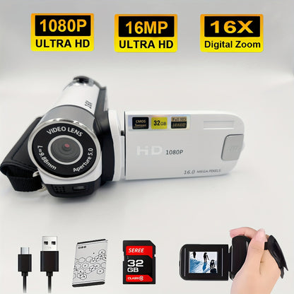 270° Flip Screen Digital Camera 1080P Full HD – LED Fill Light, 16X Zoom, 2.7" Display, Wide Angle Lens, One-Touch Phone Upload, Selfie Vlogging Camera for Outdoor Photography & Travel