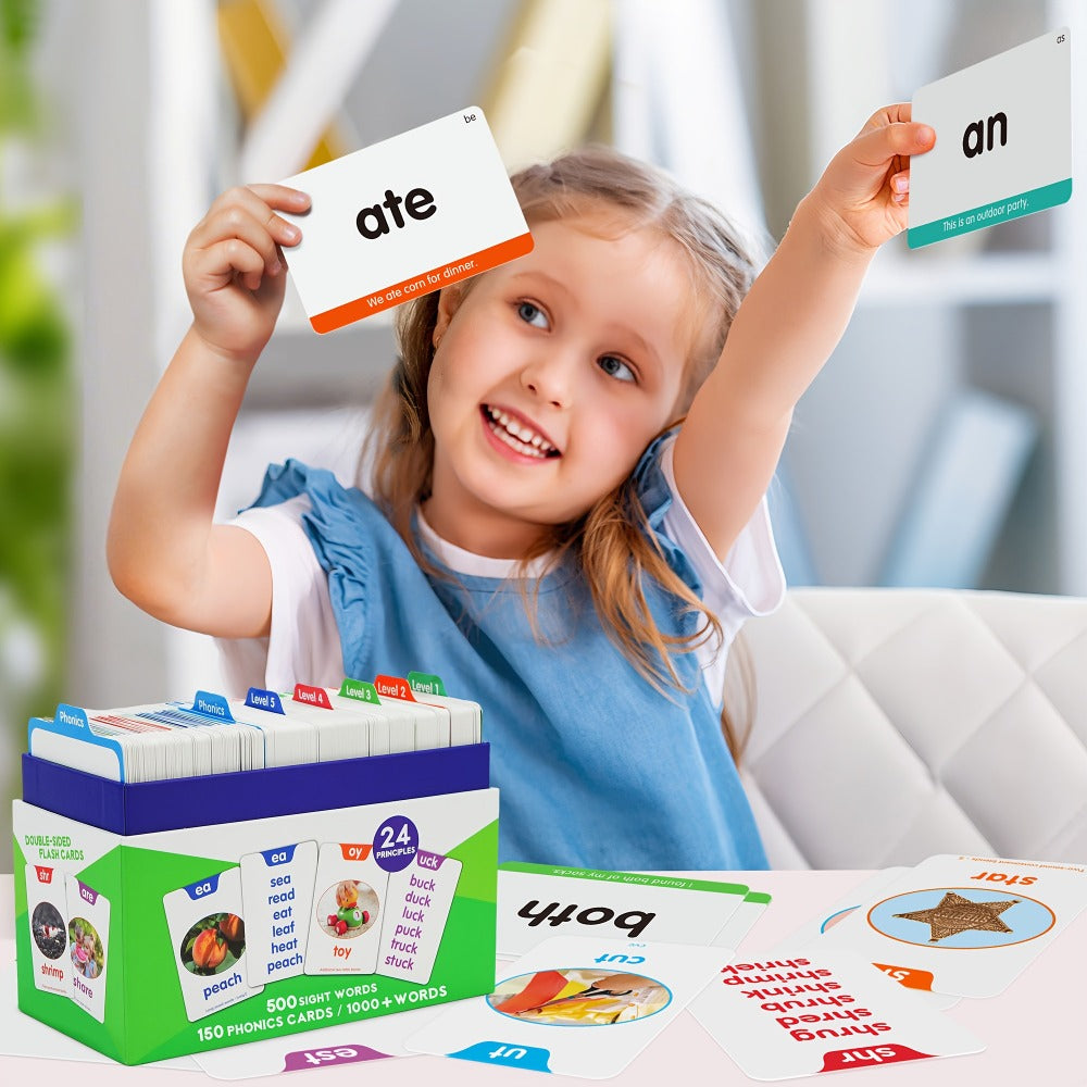 Sight Words and Phonics Flash Card Set with 500 Sight Words, 150 Phonics Cards and Three Learning Levels