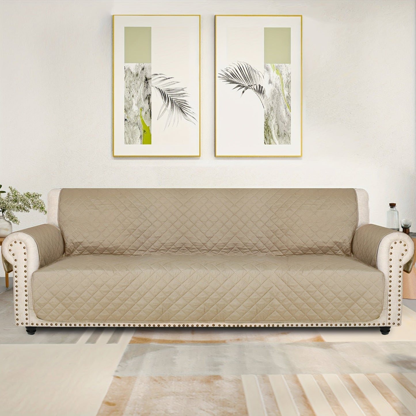 Sofa Cover Five-Layer Quilted Microfiber Protector with Elastic Strap and Foam Anchors for 3 or 4 Seats
