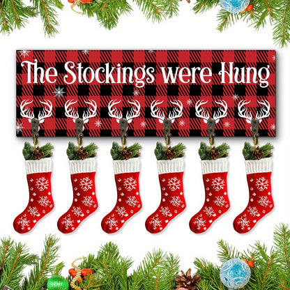 Christmas Stocking Wall Rack with Six Hooks, Red Plaid Sign and The Stockings Were Hung Text