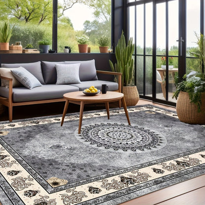 Area Rug Bohemian Persian Velvet Floral Design in Six Machine-Washable Sizes for Living Spaces