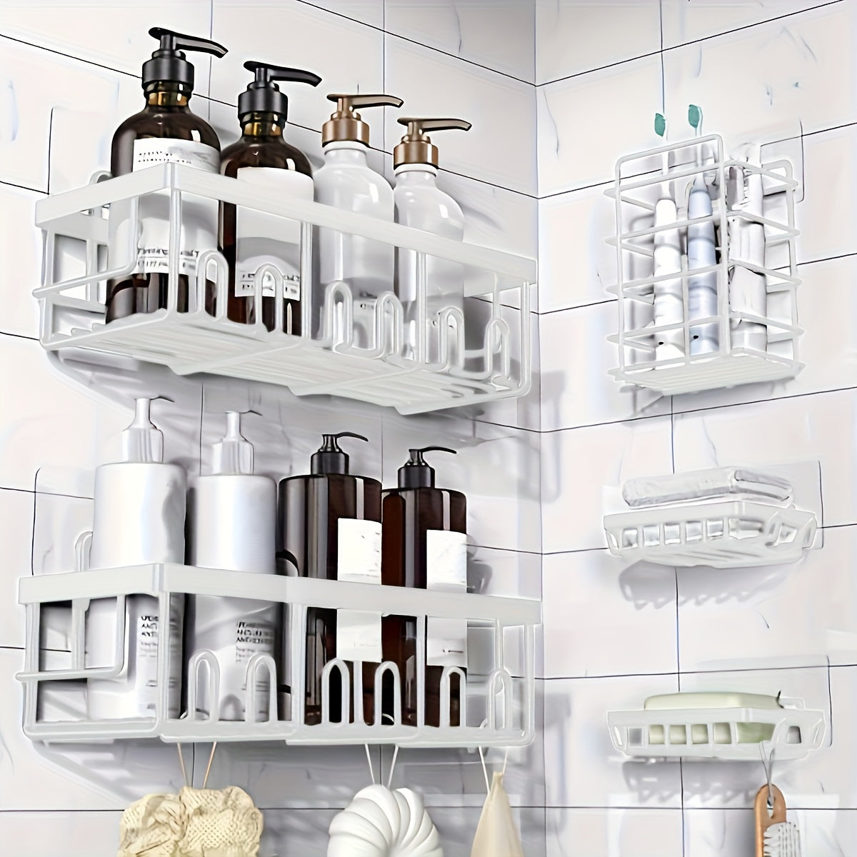 Five-Piece Shower Caddy Organizer Set with Soap Holder in Ten Exact Checkout Colors for Home and Everyday Use