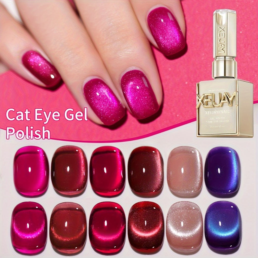 Gel Nail Polish 6-Color Berry Magnetic Cat-Eye Set in Frame Bottles with Plum-to-Magenta Shades