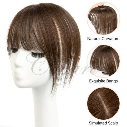 Hair Topper with Bangs Human Hair 5x9 Base Straight Clip In Crown Coverage Volume Booster Thinning Hair White Hair Cover Natural Black Dark Brown Women 8 12 Inch Heat Styleable