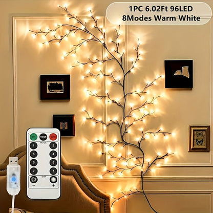 String Lights, 96-LED Bendable Willow Branch Fairy Lights with USB Power, Remote Control and Eight Indoor Modes